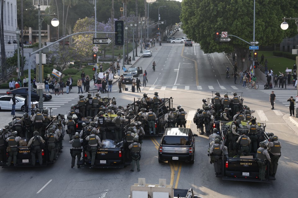 Police officers in Los Angeles face off with protesters.