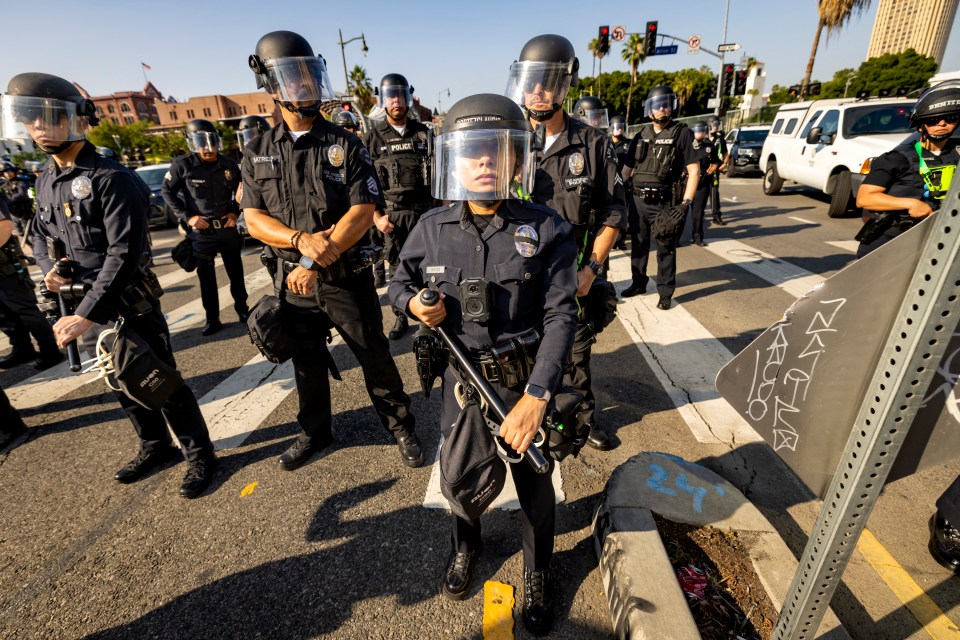 Police in riot gear face fireworks thrown during protests.