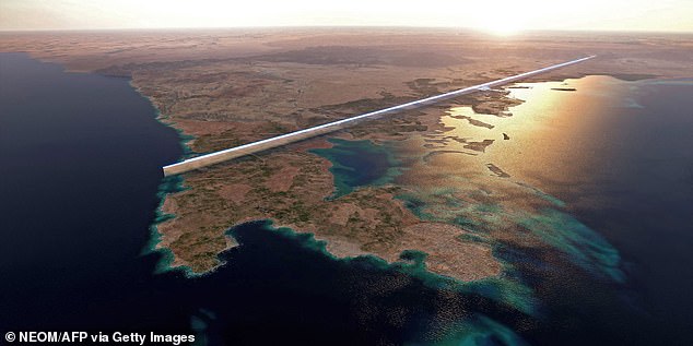 An artist's impression of what The Line will look like. While working on the construction site 21,000 workers have died in the last eight years