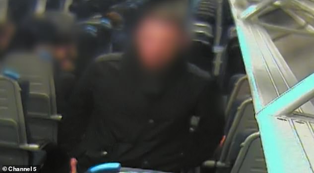 The man is seen on CCTV on board the train at Weymouth hurling abuse at security guards