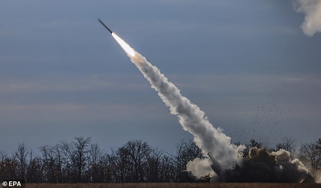 A High Mobility Artillery Rocket System of the Ukrainian army fires close to the frontline at the northern Kherson region in Ukraine