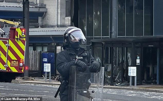 A police officer at the scene where the fire broke out at Larne Leisure Centre on Wednesday