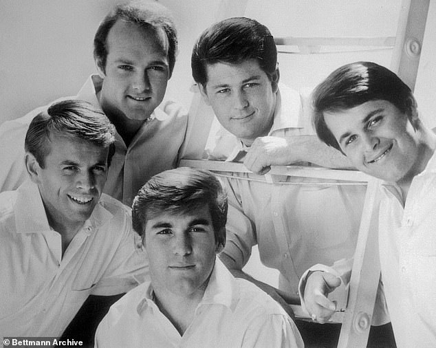 Clockwise from left, the Beach Boys are Al Jardine, Mike Love, Brian Wilson, Dennis Wilson, and Carl Wilson