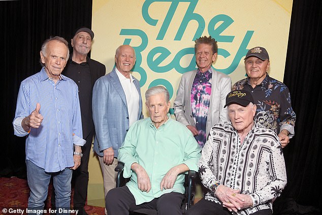 (L-R) Al Jardine, David Marks, Frank Marshall, Brian Wilson, Blondie Chaplin, Mike Love and Bruce Johnston attend the world premiere of Disney+ documentary "The Beach Boys" at the TCL Chinese Theatre in Hollywood, California on May 21, 2024