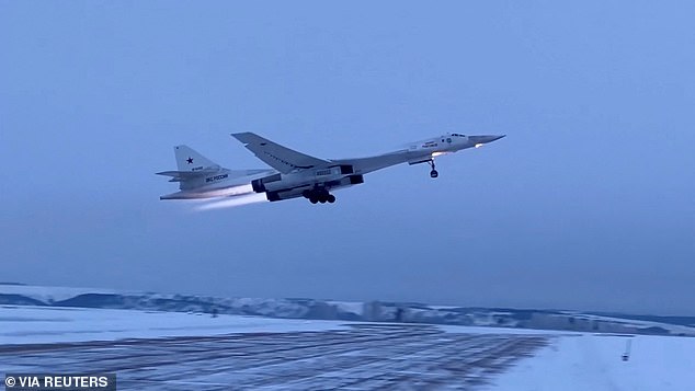 Pictured: Russian Tu-160 strategic bomber takes off for patrol flight over the Arctic Sea at unidentified location in an image taken from video released January 17, 2023