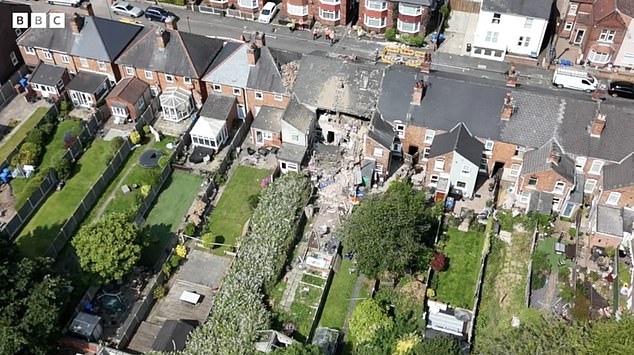 The destruction caused by the gas explosion seen from overhead