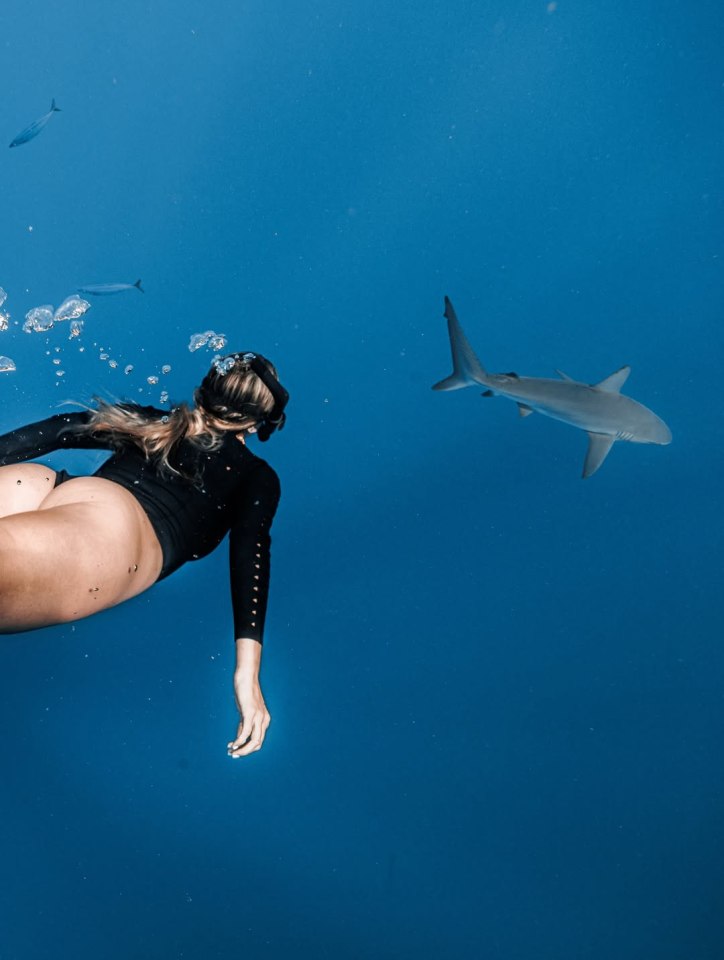 Woman freediving near a shark.