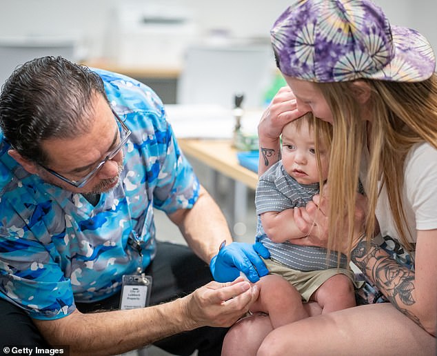 A one year-old gets his MMR vaccine at a clinic in Lubbock, Texas - a state where 118,000 kindergarten children have been granted ‘vaccine exemptions’ on religious or personal grounds