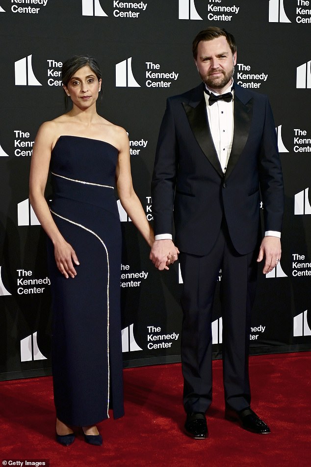 Second lady Usha Vance (left) and her husband, Vice President J.D. Vance (right) arrive at the Kennedy Center Wednesday night for the opener of Les Miserables