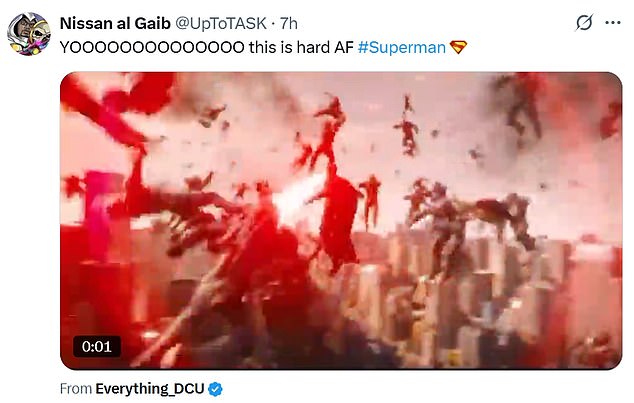 The final shot shows Superman using his eyeball lasers to take out a slew of enemies, which fans have praised as well, such as @UpToTASK, who said, 'YOOOOOOOOOOOOOO this is hard AF #Superman.'