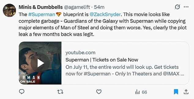 'The #Superman blueprint is @ZackSnyder. This movie looks like complete garbage - Guardians of the Galaxy with Superman while copying major elements of Man of Steel and doing them worse. Yes, clearly the plot leak a few months back was legit,' he said