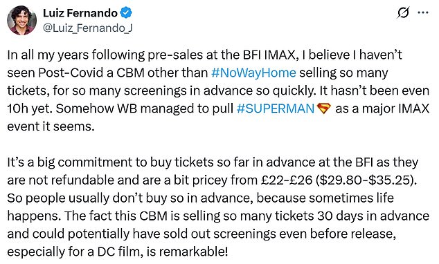 Others like box office observer Luis Fernando marveled at the pre-sales already coming in at BFI IMAX theaters for Superman.