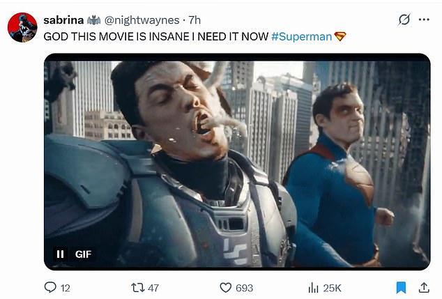 Sabrina (@nightwaynes) shared a GIF of the tooth-flying punch, adding, 'GOD THIS MOVIE IS INSANE I NEED IT NOW #Superman.'