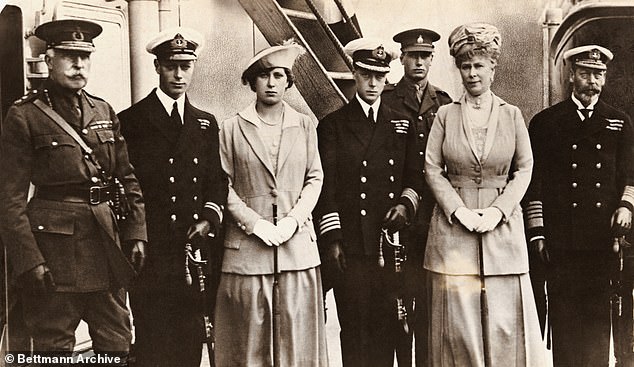 Prince Harry, Duke of Gloucester standing behind his mother, Queen Mary and Prince Edward, Prince of Wales