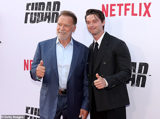 Patrick leaned into his reputation as one of the most stylish members of the Schwarzenegger clan by arriving at the premiere in a black double-breasted suit with pinstripes