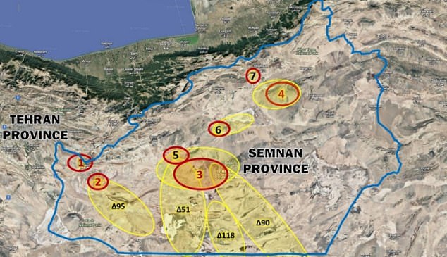 The NCRI claimed to have identified a number of military sites in Semnan Province. Number 3 on the map is allegedly 'used for the development of nuclear warheads intended for installation on the liquid-fuel Simorgh missile'. Number 4 is said to show the Imam Reza Training Centre, 'where the development of nuclear warheads for the Ghaem-100 missile is being pursued'.