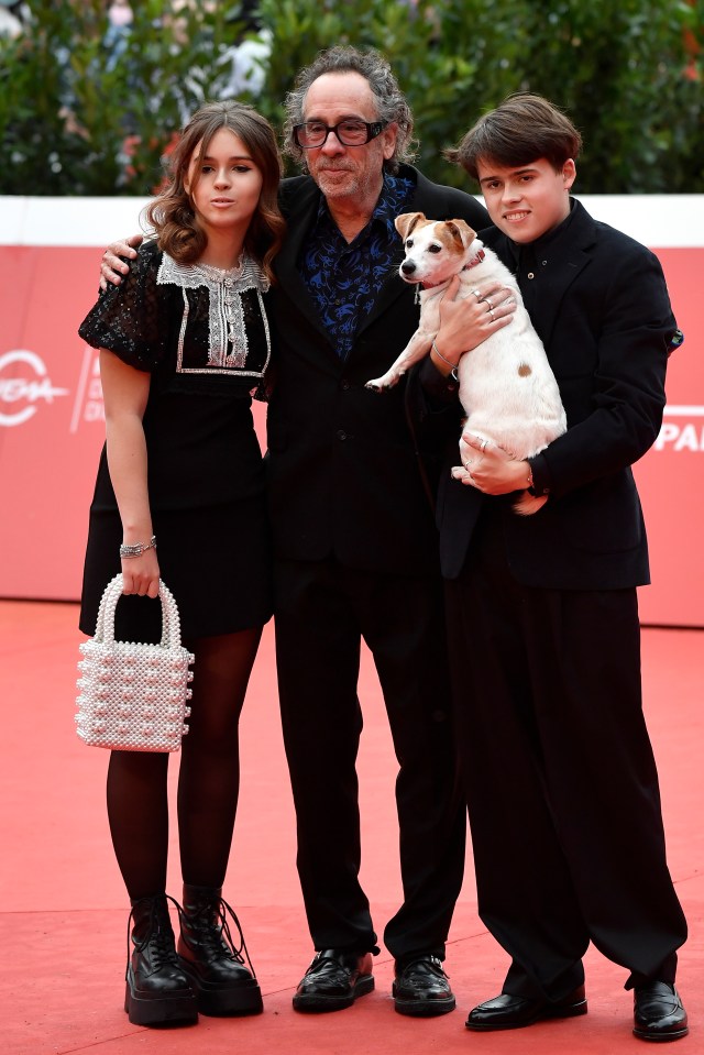 Tim Burton with his children and dog at the Rome Film Fest.