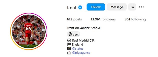 Alexander-Arnold's Instagram handle changed from '@trentarnold66' to '@trent'