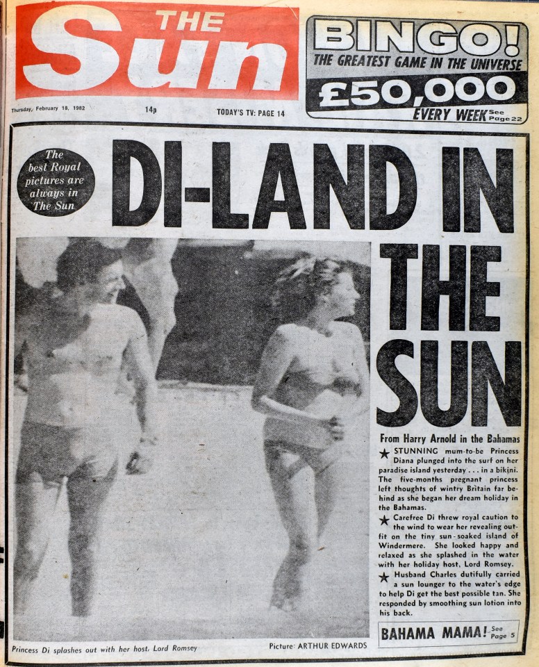 Newspaper clipping showing Princess Diana and Prince Charles in the Bahamas.