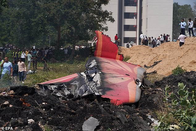Part of the Air India jet's tail sits among smouldering wreckage in Ahmedabad after the catastrophic crash