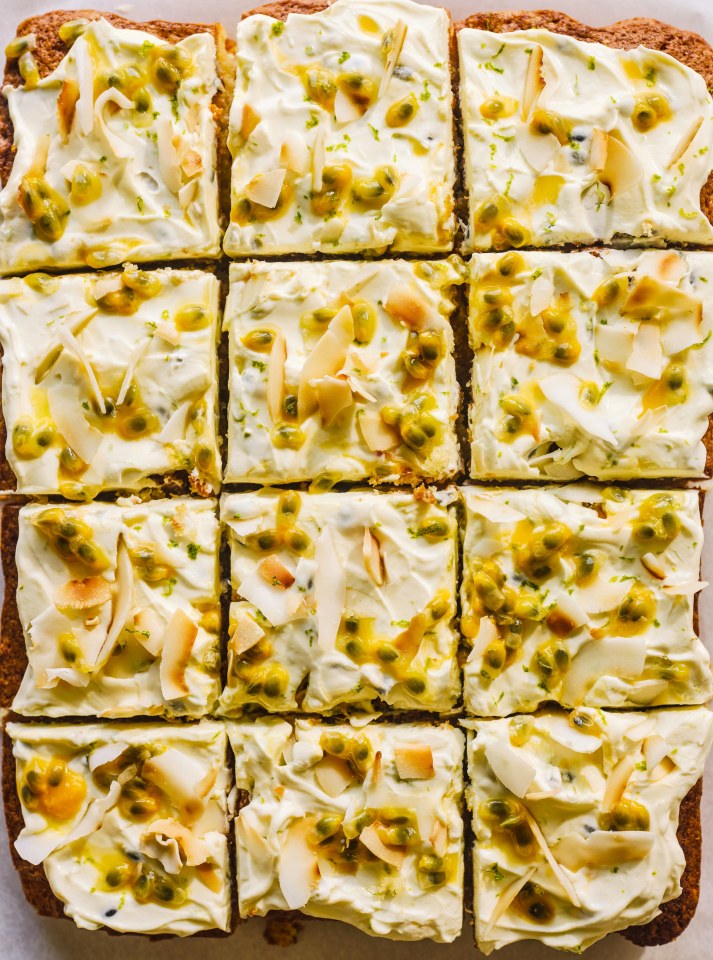 Tropical traybake cut into squares.