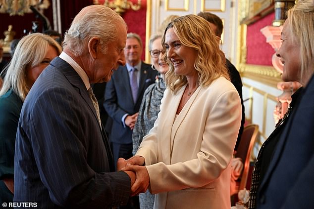 Charles (pictured left), 76, appeared in excellent spirits as he welcomed stars including Kate Winslet (pictured right), Stanley Tucci and Sir Rod Stewart 's wife Penny Lancaster to St James's Palace
