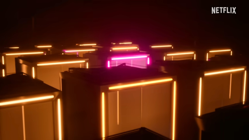 Illustration of a futuristic building with neon lights.
