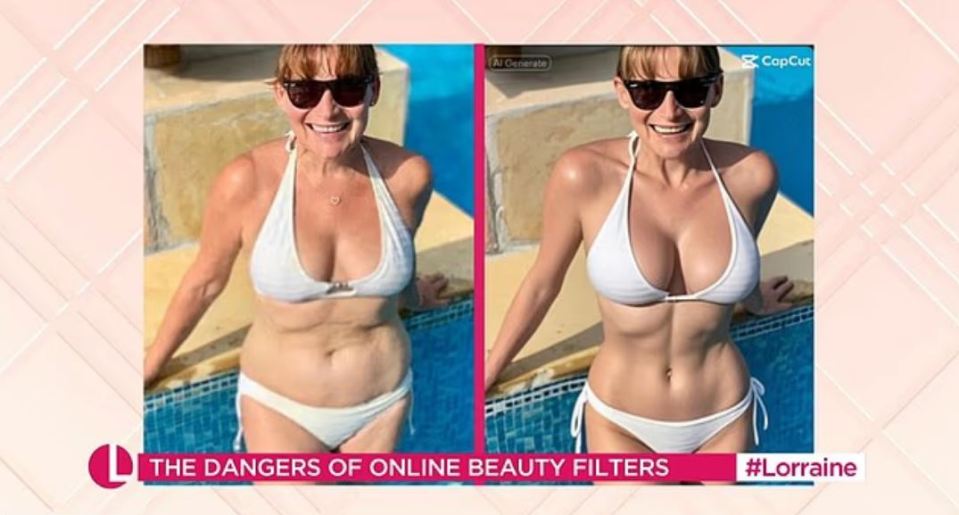 Comparison of unedited and filtered photos of Lorraine Kelly in a white bikini.