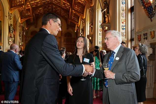 The Duke of Gloucester sported a patterned navy tie for the reception at Windsor Castle this evening