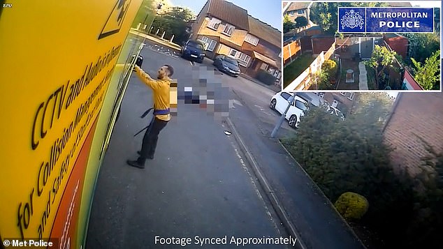 He was seen earlier in the video holding his sword as paramedics arrived at the scene