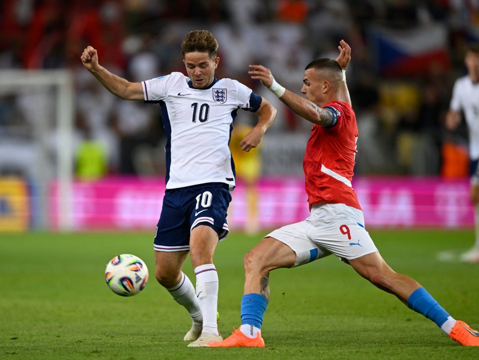 England's James McAtee in action during a soccer match.