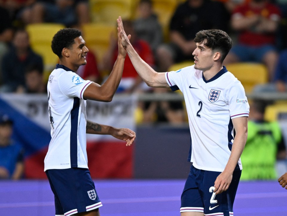 England's Jarell Quansah and Valentino Livramento celebrating.