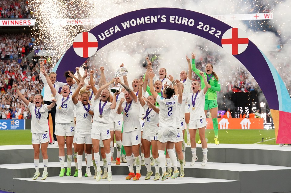 England's women's football team celebrating their UEFA Women's Euro 2022 victory.