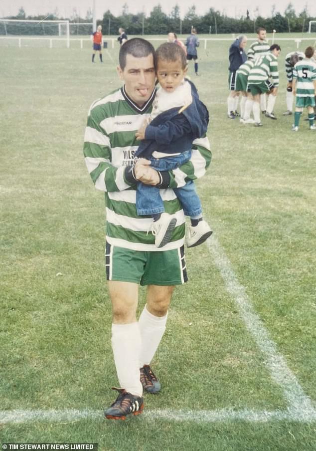 Jude's father Mark (pictured carrying the football star) was a sergeant in the West Midlands Police and a prolific goal scorer in non-League football