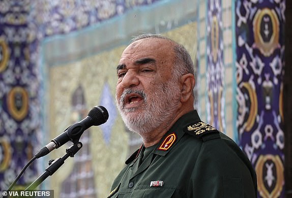 Islamic Revolutionary Guard Corps (IRGC) Commander-in-Chief Major General Hossein Salami speaks during a ceremony to commemorate the first anniversary of the late Iranian president Ebrahim Raisi, who was killed in a helicopter crash, in Tehran, Iran, May 15, 2025. Majid Asgaripour/WANA (West Asia News Agency) via REUTERS   ATTENTION EDITORS - THIS PICTURE WAS PROVIDED BY A THIRD PARTY