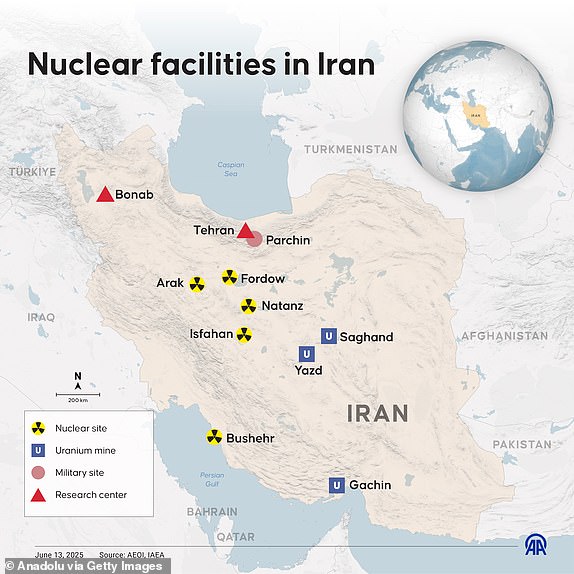 ISTANBUL, TURKIYE - JUNE 13: An infographic titled "Nuclear facilities in Iran" created in Istanbul, Turkiye on June 13, 2025. (Photo by Ufuk Celal Guzel/Anadolu via Getty Images)