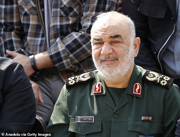 TEHRAN, IRAN - OCTOBER 15: Commander-in-Chief of the Revolutionary Guard, Maj. Gen. Hossein Salami attends a funeral ceremony held for Iranian General Abbas Nilforoushan, who was killed in the Israeli attack on the Lebanese capital Beirut on September 27, in Tehran, Iran on October 15, 2024. The funeral ceremony was held with a large crowd in Imam Hossein Square in the capital Tehran and was attended by President Masoud Pezeshkian and senior civilian and military officials. (Photo by Fatemeh Bahrami/Anadolu via Getty Images)