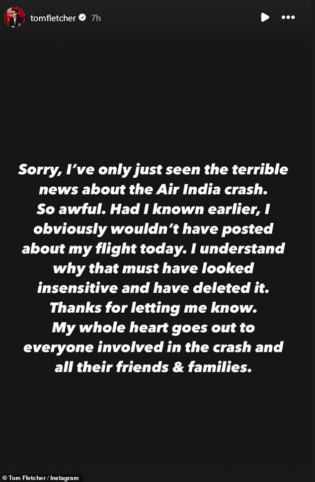 On the same day, the McFly singer, 39, shared a post to his Instagram Stories about him getting on the plane. But his social media followers quickly flooded his inbox with messages pointing out how insensitive it was given the circumstances