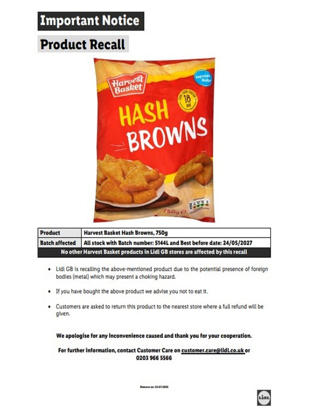 The frozen breakfast item, sold in stores across England, Scotland and Wales, is being withdrawn after the potential contamination was discovered in a specific batch