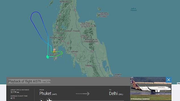 Flight AI 379 was travelling from Thailand 's Phuket to India's capital New Delhi but had to suddenly land again after a bomb threat. The plane took off, circled the west coast of the island and then landed again