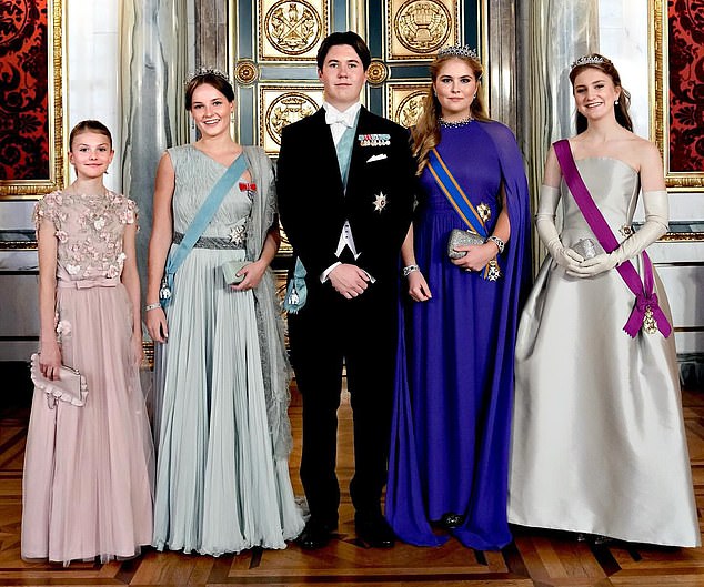 Princess Estelle of Sweden (far left), Princess Ingrid Alexandra of Norway (left), Princess Catharina-Amalia of the Netherlands (right) and Princess Elisabeth of Belgium (far right) smile for the camera next to Prince Christian (centre) at his 18th birthday celebratory gala