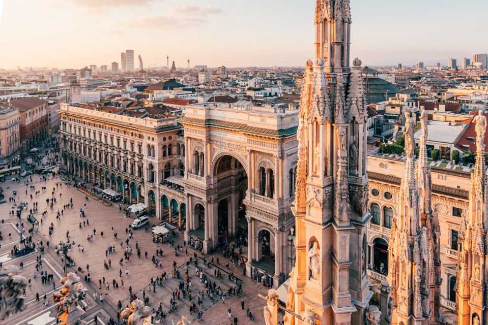 Aerial view of Galleria Vittorio Emanuele II in Milan, Italy.