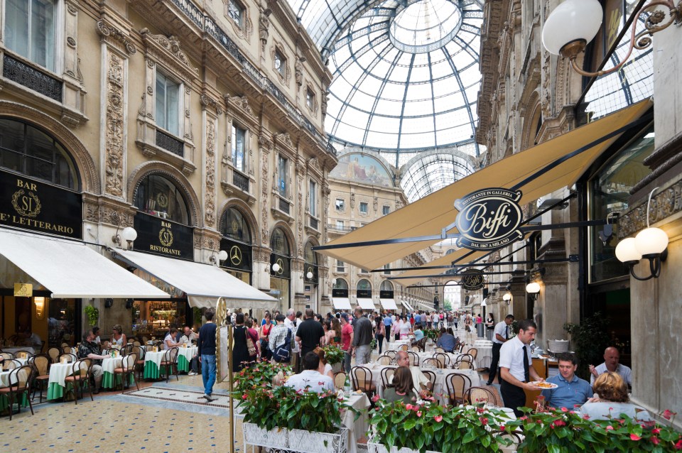 Restaurants and cafes in the Galleria Vittorio Emanuele II, Milan.