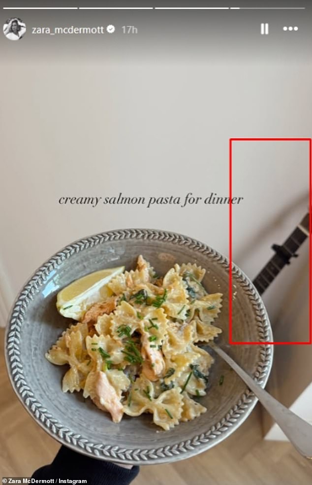 Zara cooked herself and Louis a 'creamy salmon pasta for dinner' the night before, as she captured the plate with the singer's guitar noticeably in the background