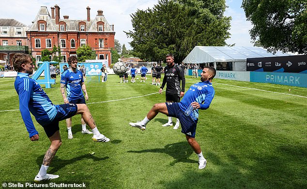 Roman Kemp, Aaron Lennon, Tom Grennan and Harry Kewell pictured a training session