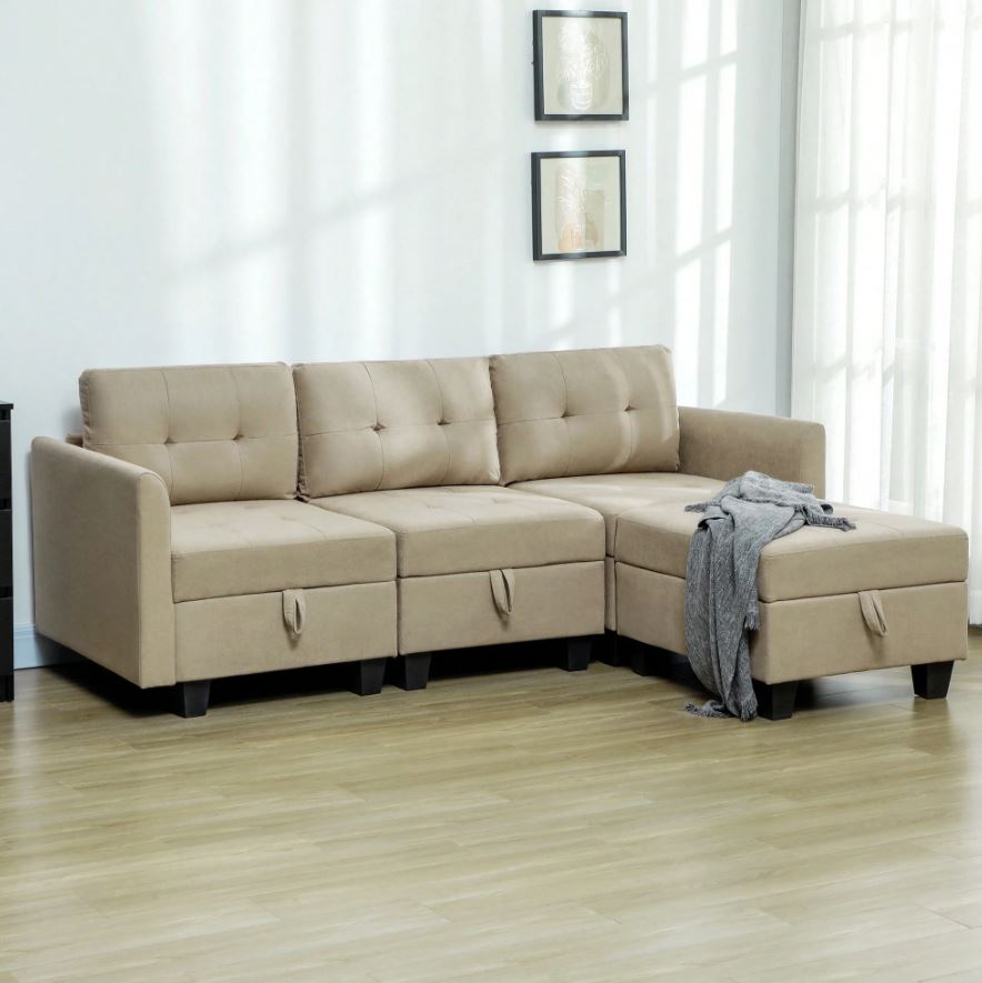 Beige sectional sofa with storage ottomans.