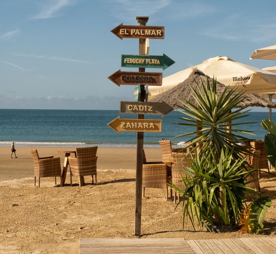 Signpost on a beach pointing to nearby towns.
