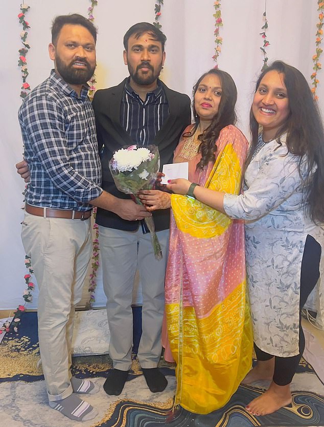Friend Dhaval Patel (pictured far left with the couple) who worked at Amazon with the couple, was on his way to Gatwick airport to collect them when news of the tragedy broke