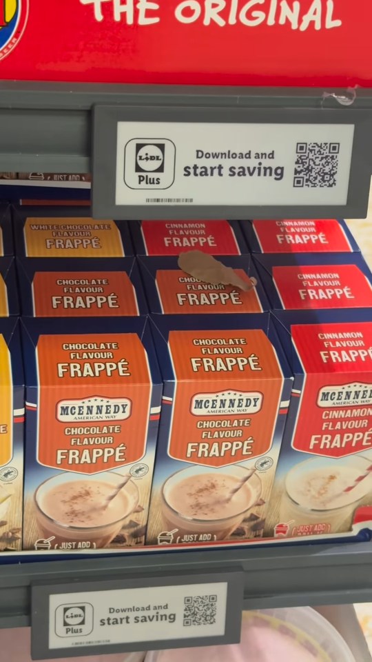 Lidl McEnnedy Frappé boxes on a shelf with a Lidl Plus QR code.