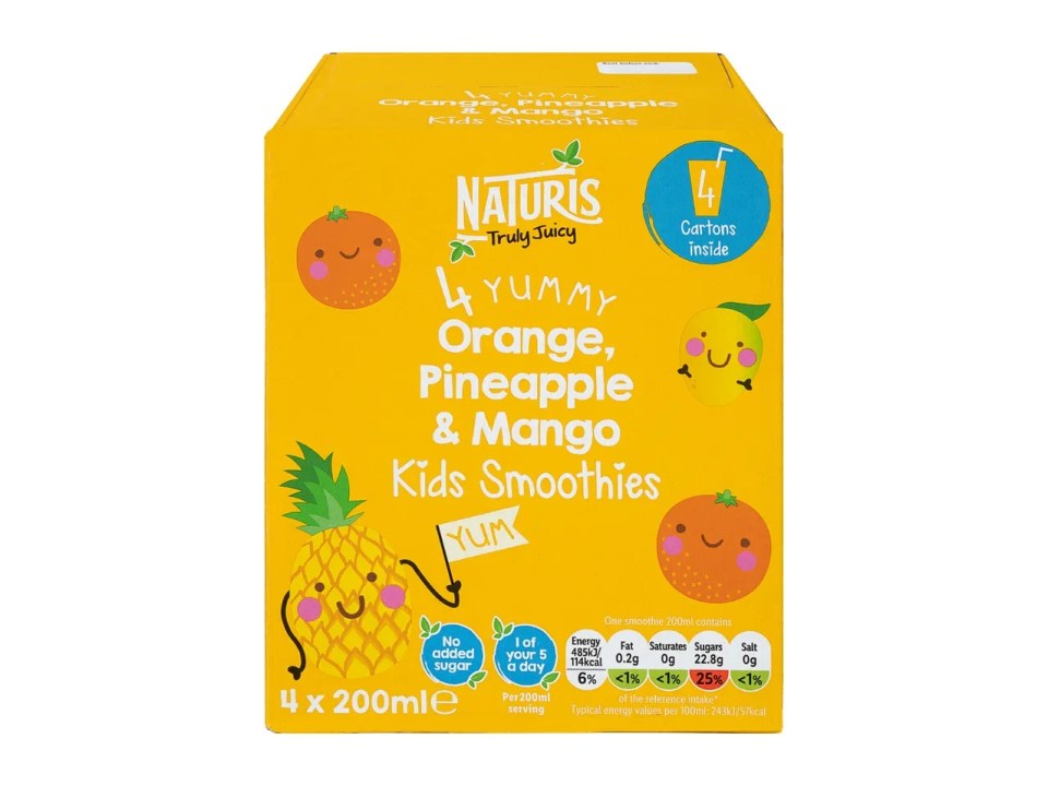 Box of four Naturi's orange, pineapple, and mango kids smoothies.